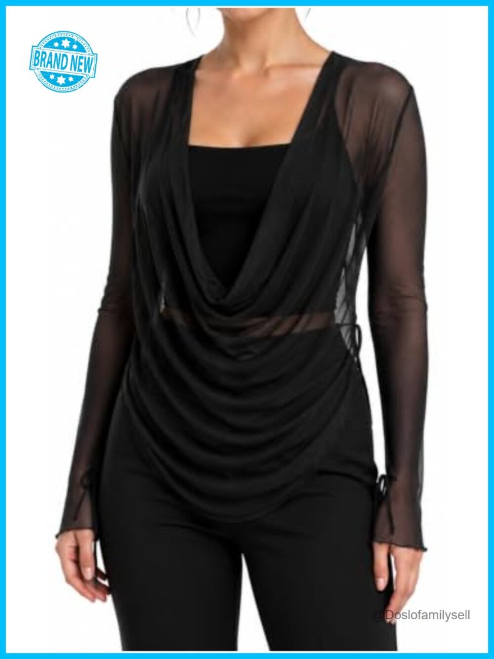 Sheer Mesh Cowl Neck Long Sleeve Draped Going Out Top